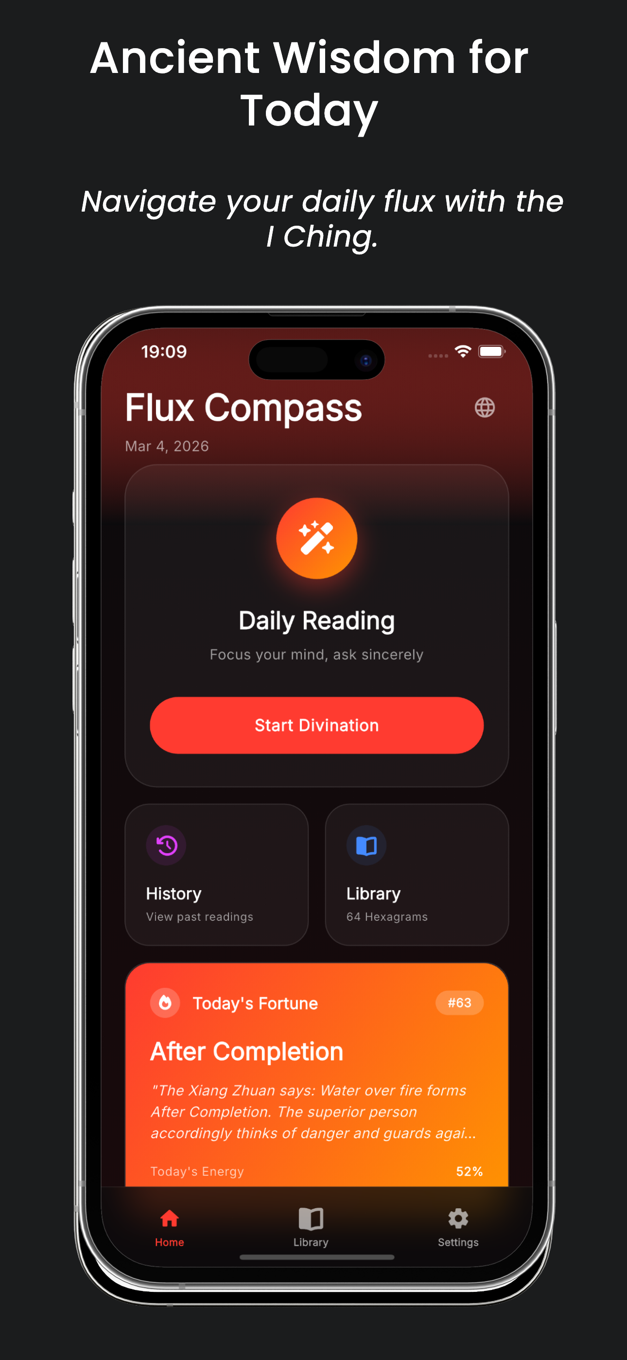 Flux Compass home screen showing daily reading, history, library, and today's fortune